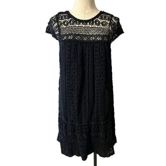 Anthropologie MAEVE Black Short Sleeve Crochet Cotton Sheath Dress Small S 2 4 6 - Picture 1 of 6